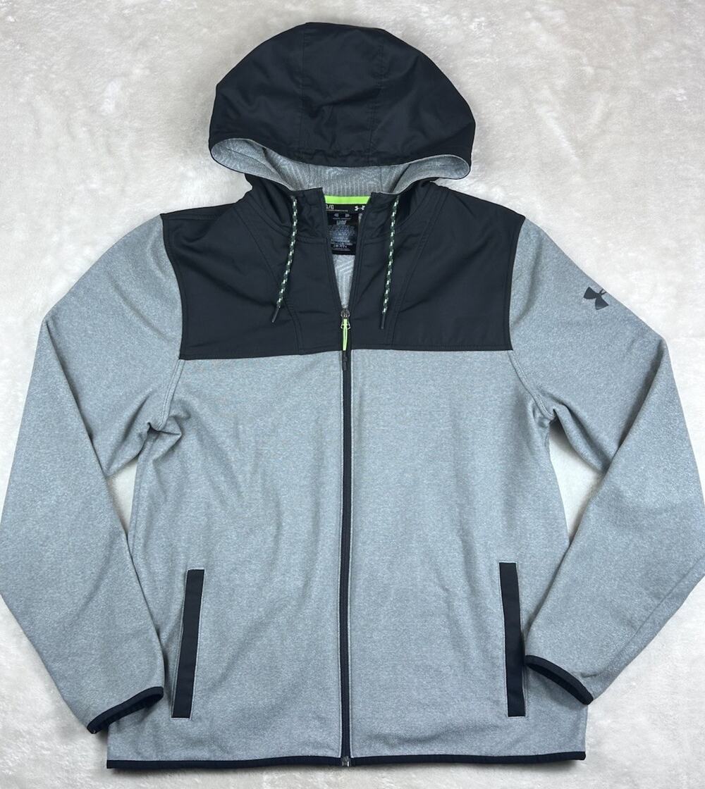 Under Armour Hoodie Mens Sz L Grey Black Infrared Cold Gear Full Zip Fleece